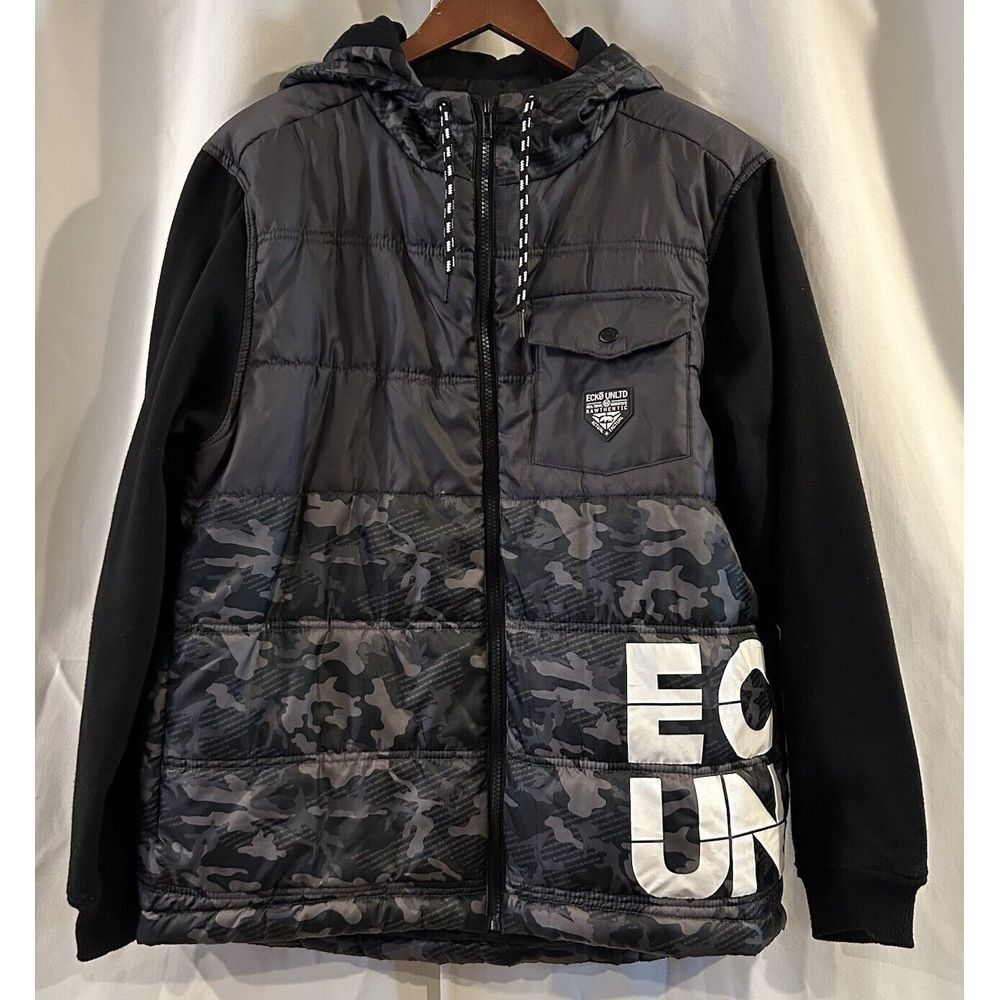 Ecko Unltd Black Camo Hoodie Puffer Zip Jacket Size Large